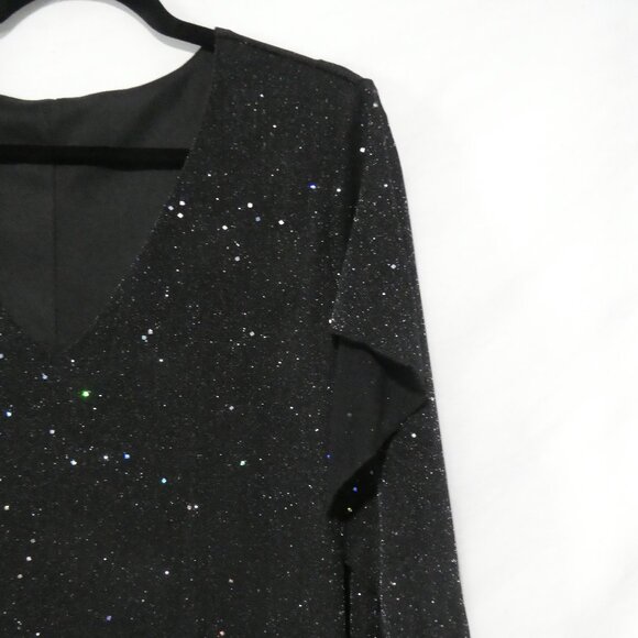 EARO | 1XL | Elegant Black Shimmer Knee Length Long Sleeve V-Neck Dress - Picture 5 of 16